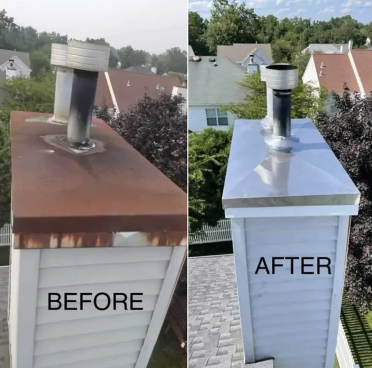 Before and after of a rusted chimney chase cover replaced with a new metal cover