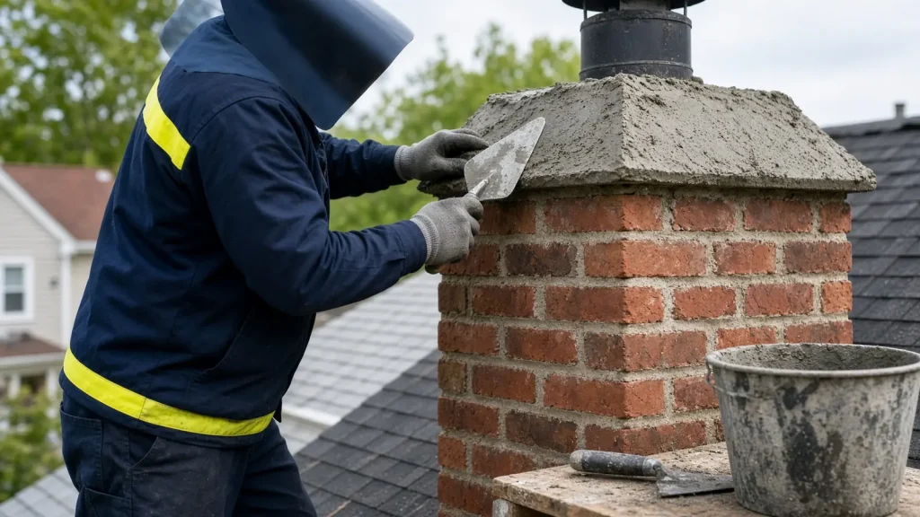 Illustration: mason refinishing a chimney crown