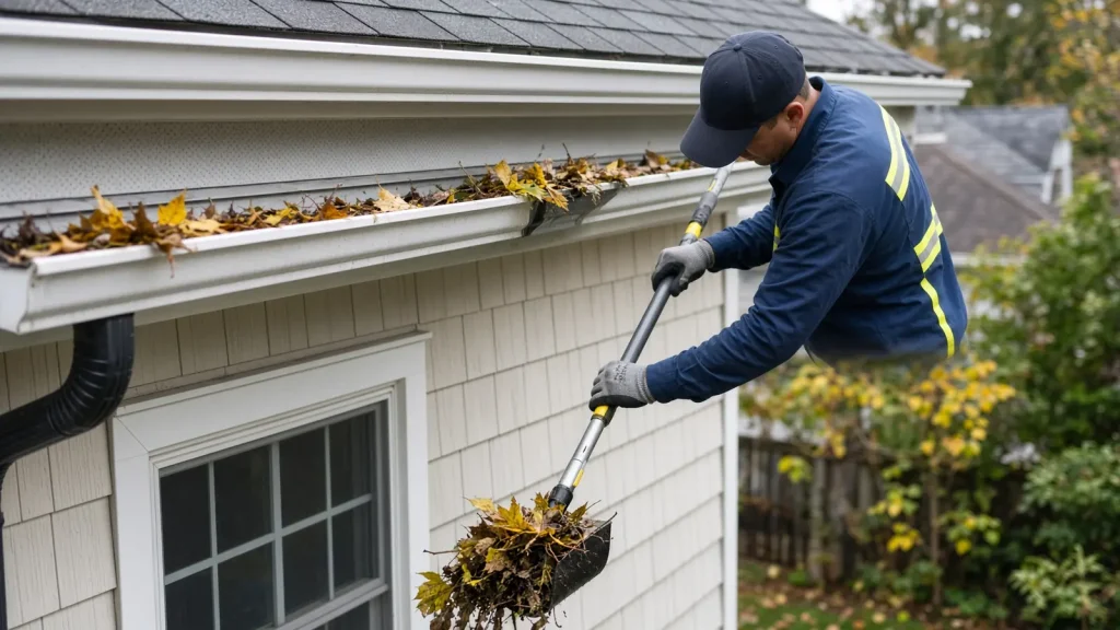 Illustration: worker clearing leaves out of a clogged gutter