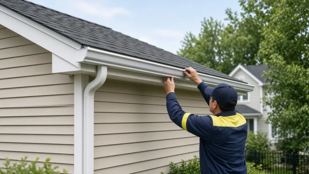 Illustration: installer hanging a gutter on a sided home