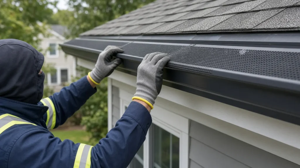Illustration: installer setting a screen over a gutter