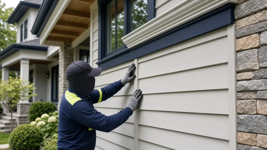 Illustration: installer pressing a siding panel into place