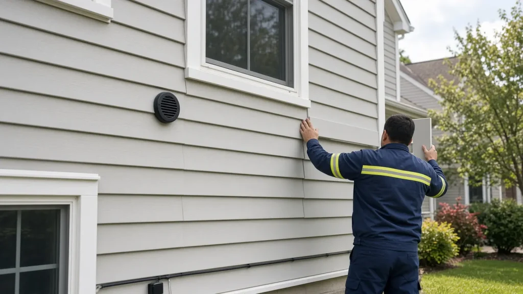 Illustration: installer fitting vinyl siding on a house wall