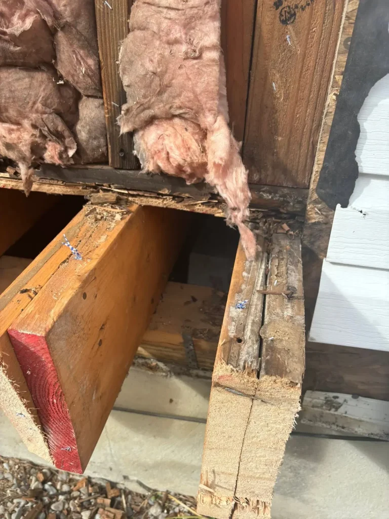 Water-damaged wall framing and sill exposed behind siding