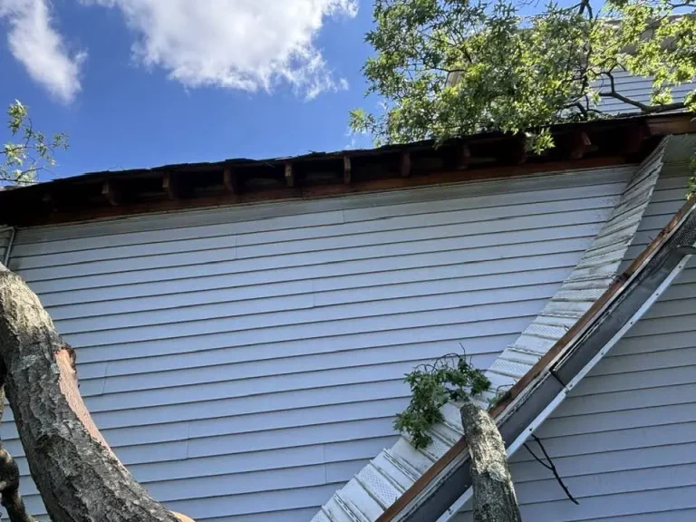 Fallen tree branch that tore the gutter and damaged vinyl siding